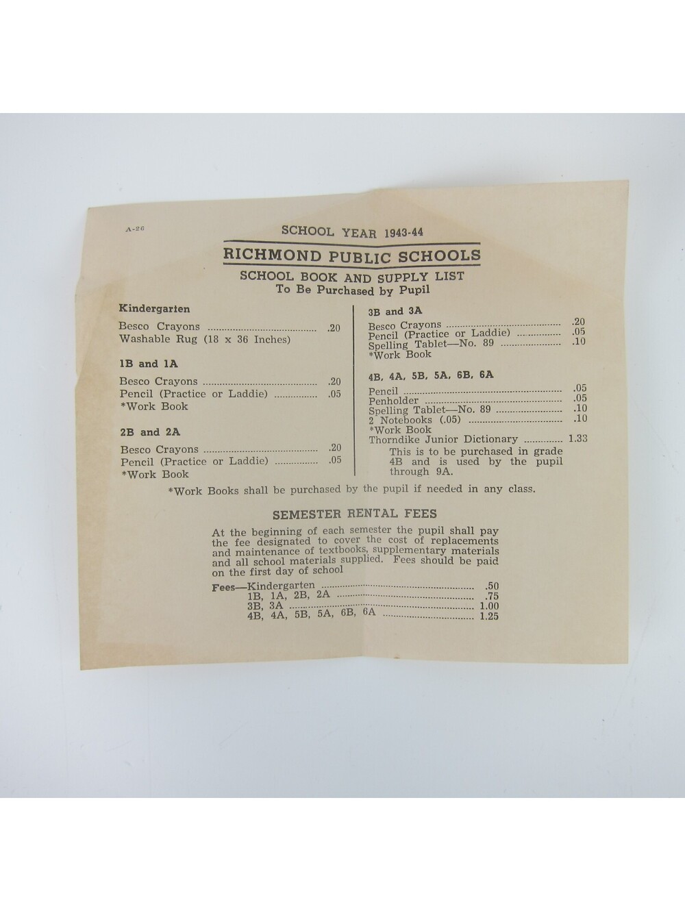 Vintage Richmond Virginia Public School Book and Supply List 1943-1944 RARE